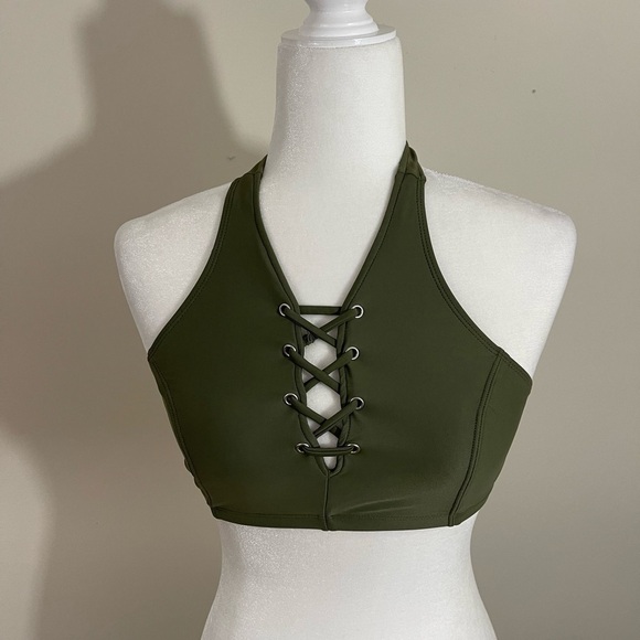 Old Navy sz sm swim top in olive green like new with lacing on the front - Picture 1 of 9